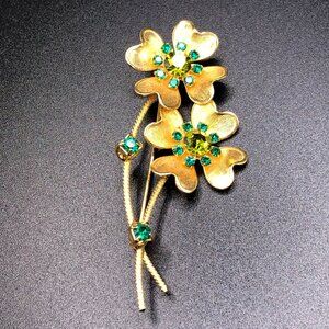 Vintage Gold Tone Dogwood Flower Bouquet Green Rhinestone Brooch